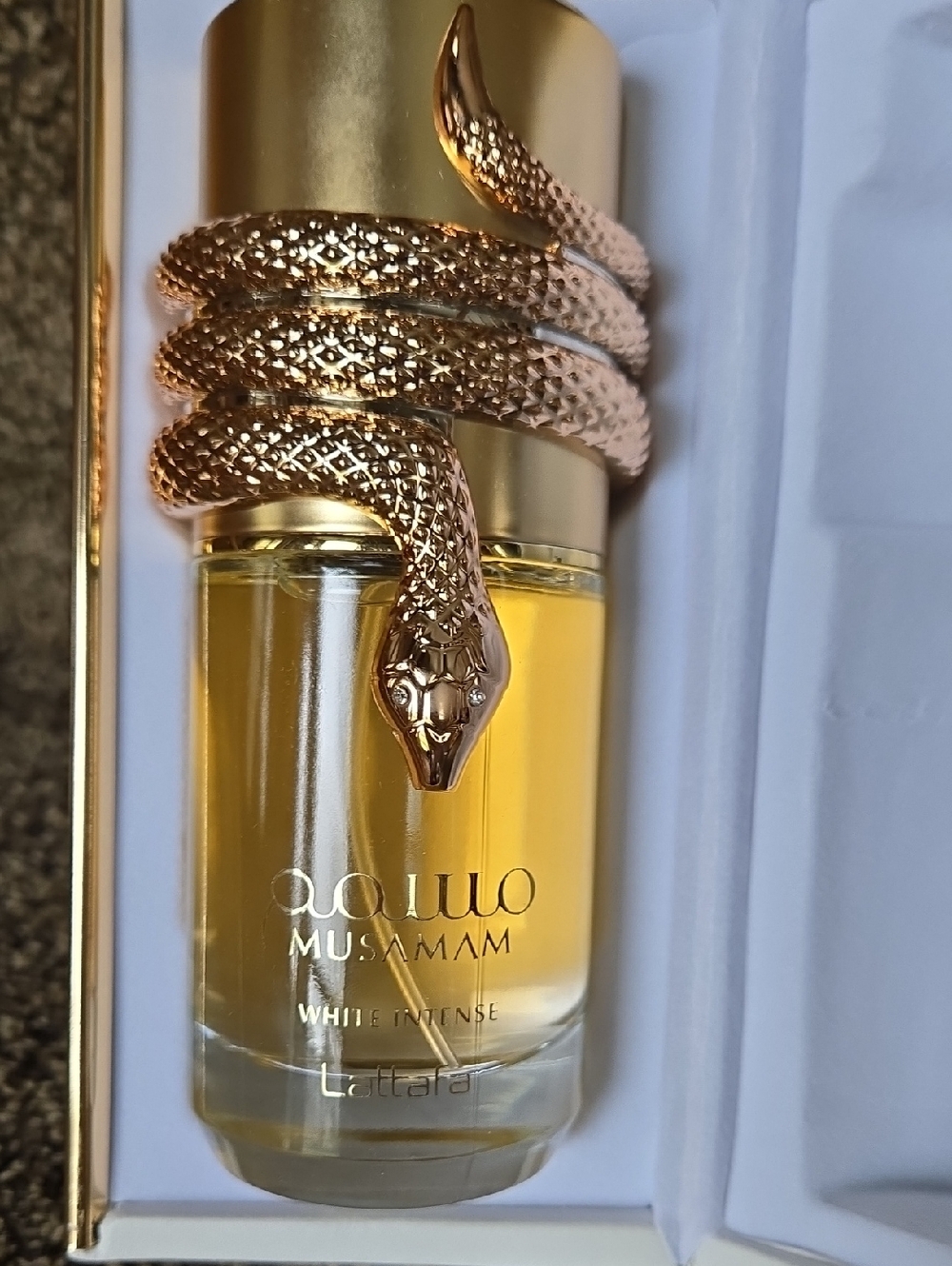 Lattafa Musamam White Intense Perfume - Gold & Amber Bottle With Snake Top